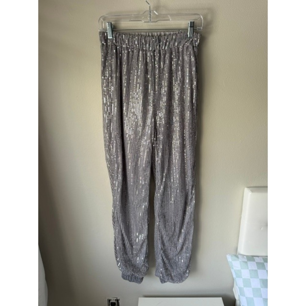 Silver Sequin Joggers Elastic Waist Sparkly Party Pants Grey Womens Medium